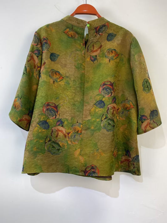 Green Jacquard Top With Mid-Sleeves